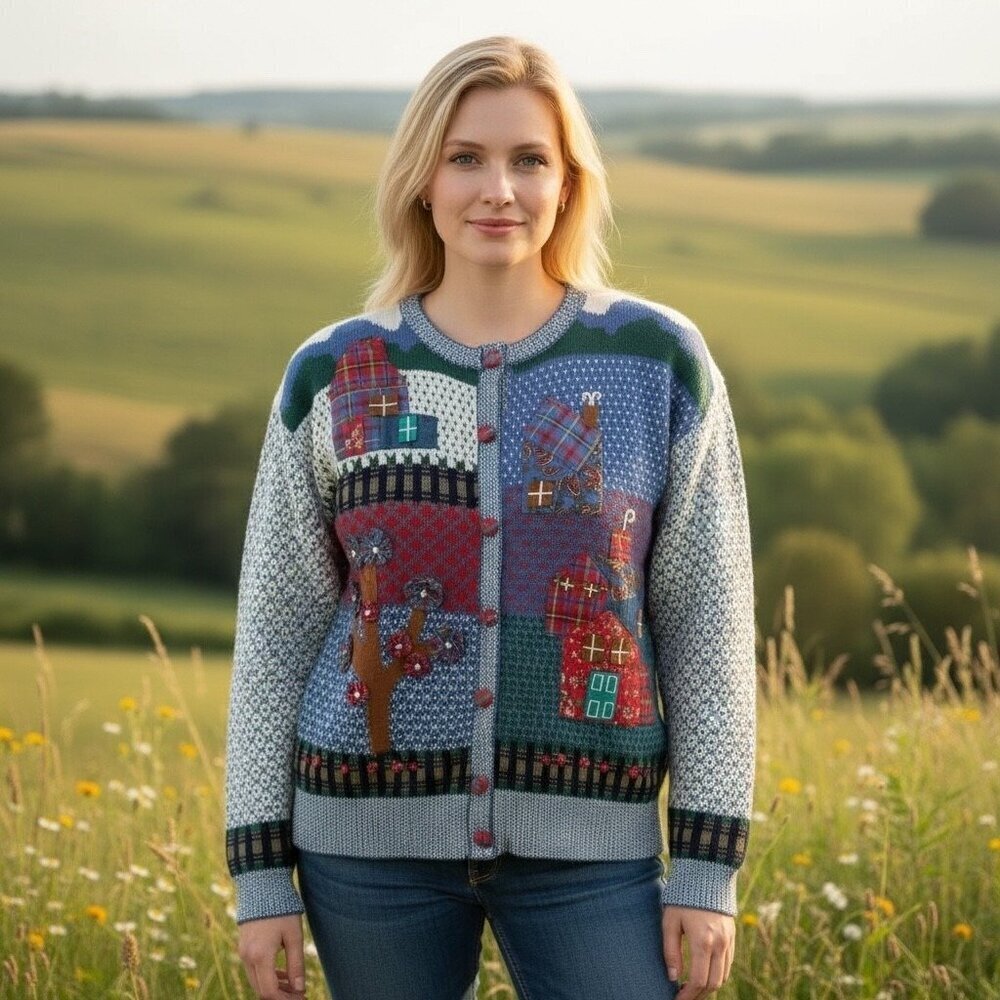 Vintage 90's Susan Bristol Cottagecore Blue Red Patchwork Sweater Size Medium